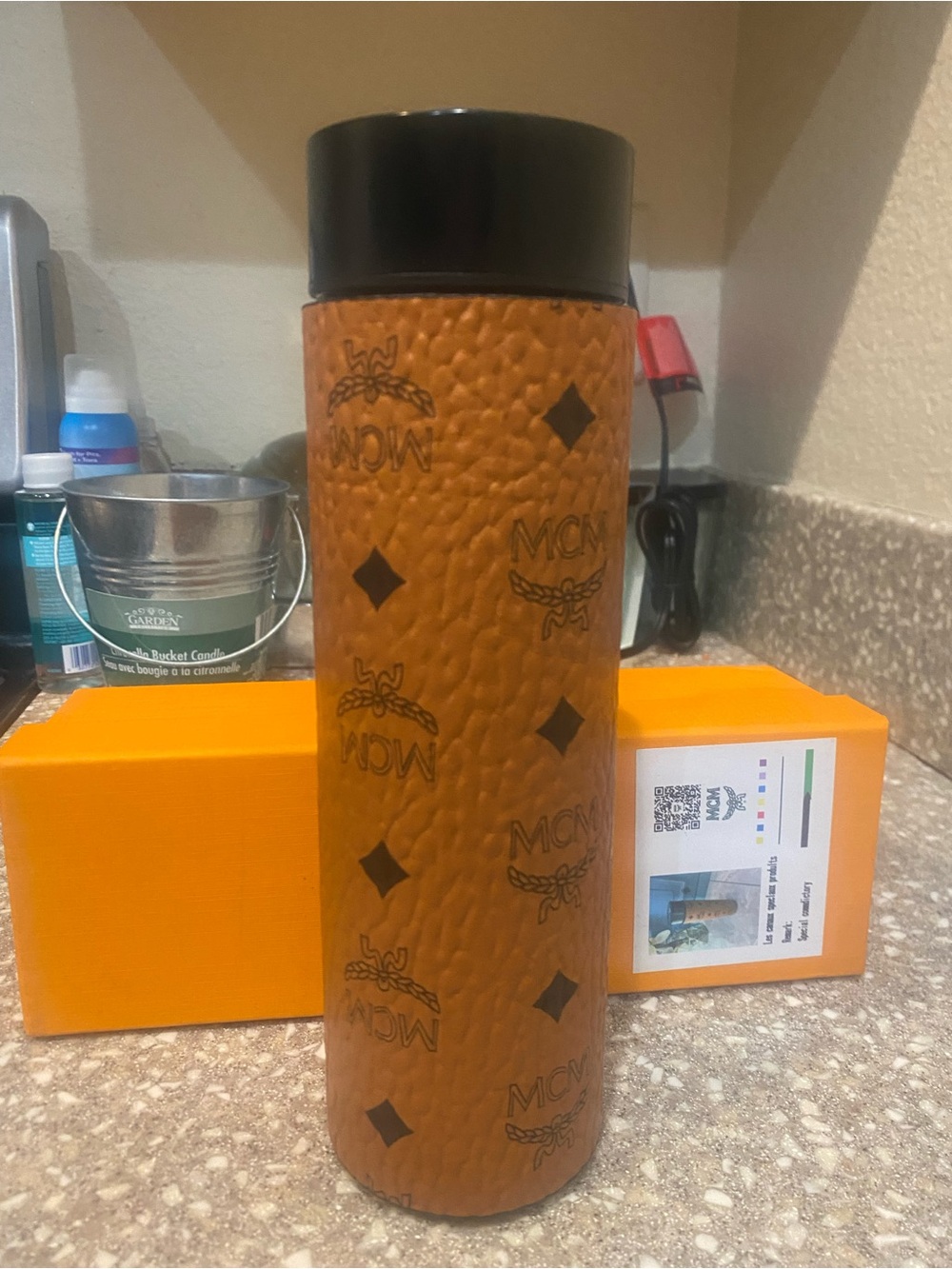 Cognac Logo Leather Travel Bottle with Black Lid